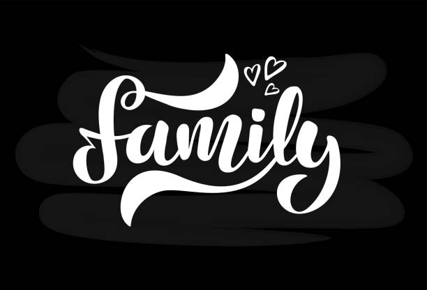Illustration with hearts and handwritten phrase Family Vector illustration with hearts and handwritten phrase Family. Lettering. Isolated word. White text on black chalk board. Banner for web site, slogan. Signage for cafe, shop. EPS 10. family word stock illustrations