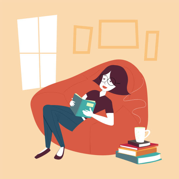 Young Woman Sitting on Bean Bag Studying - ilustração de arte vetorial