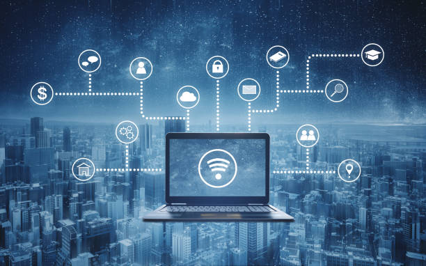istock Computer laptop with wireless and application programming and social media icons. Internet networking and wireless technology 1147078346