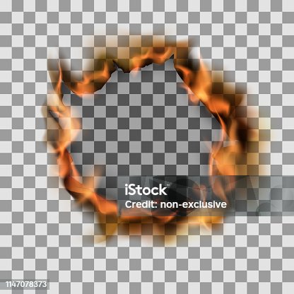 istock Burning torn hole in paper sheet. Vector illustration on transparent background 1147078373