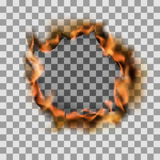 Vector illustration of Burning torn hole in paper sheet. Vector illustration on transparent background