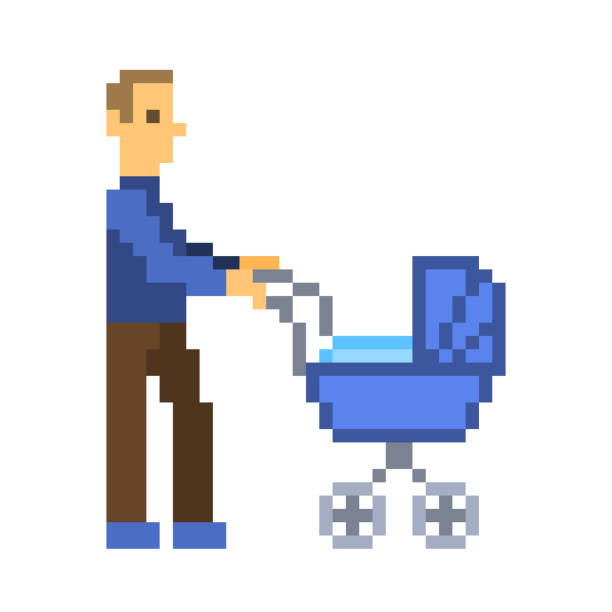 ojciec spaceru z dzieckiem w wózku, znak pixel art izolowane na białym tle.8 bit parenthood logo. old school retro lat 80-tych; 90s automat / grafika gier wideo. tata z noworodkiem w parku - one person lifestyles 80 plus years indoors stock illustrations