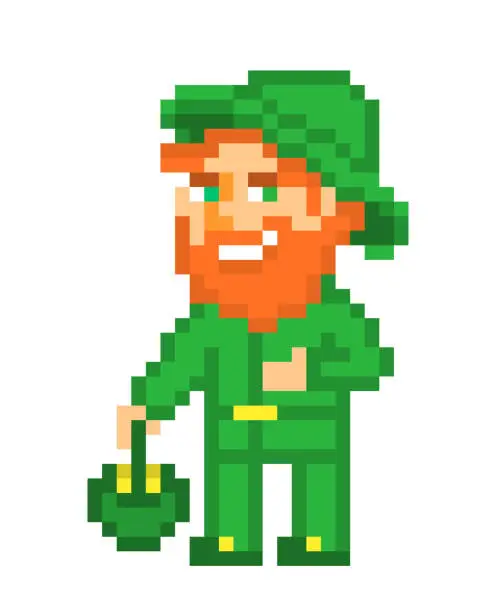 Vector illustration of Ginger bearded leprechaun in green costume and hat with a pot of gold, pixel art isolated on white background. Irish folklore character. St. Patrick's Day card. 8 bit slot machine/video game graphics.