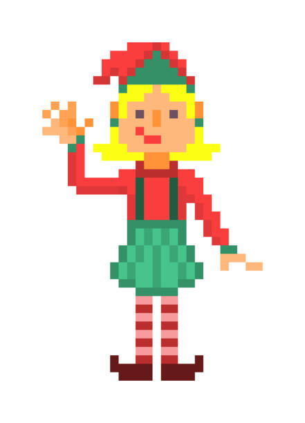 boże narodzenie elf macha, znak pixel art izolowane na białym tle. 8 bit retro starej szkoły lat 80-tych; 90s automat / grapics gier wideo. pomocnik świętego mikołaja. - female 80 plus years vertical people stock illustrations