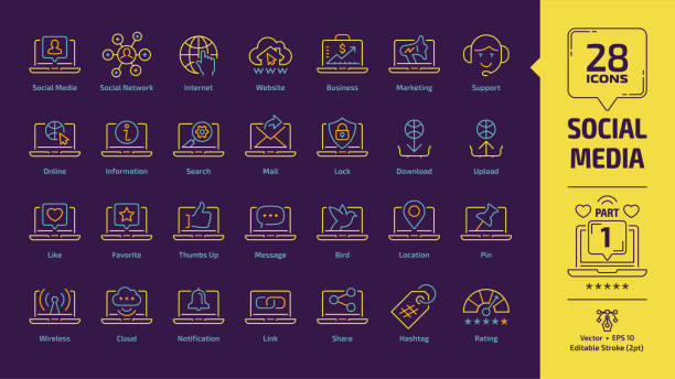 Social media network yellow outline icon set part 1 on a violet background with global internet website, digital business and marketing technology, web support editable stroke line sign. Social media network yellow outline icon set part 1 on a violet background with global internet website, digital business and marketing technology, web support editable stroke line sign. symbol icon set business downloading stock illustrations
