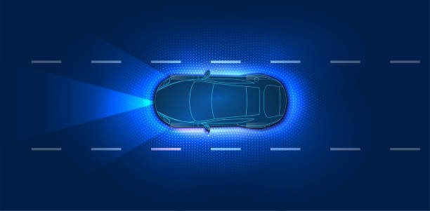illustrazioni stock, clip art, cartoni animati e icone di tendenza di auto intelligente. l'auto intelligente autonoma scansiona la strada. veicolo in modalità autonoma a guida autonoma su strada città con sistema di segnale radar a sensore grafico. concetto futuristico, vista dall'alto con sfondo. hud - tecnologia autonoma
