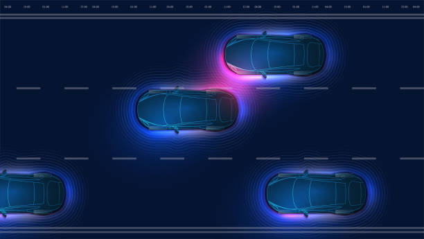 Autonomous smart car goes on the scans the road, observe the distance. Autonomous self driving electric car change the lane and overtakes city vehicle . Future HUD concept. Top view car. Vector Autonomous smart car goes on the scans the road, observe the distance. Autonomous self driving electric car change the lane and overtakes city vehicle . Future HUD concept. autonomous vehicles stock illustrations