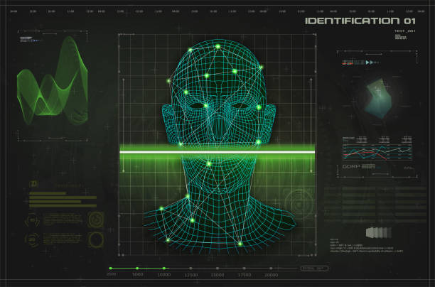 Concept of face scanning, radar screen searching. Futuristic biometric identification or recognition system of person. Face ID. Vector Concept of face scanning, radar screen searching. Futuristic biometric identification or recognition system of person. face scan stock illustrations