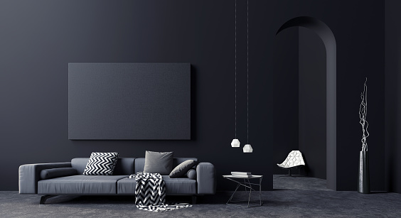 Moderno concepto de diseño interior de la sala de estar en negro y gris, 3D Render photo