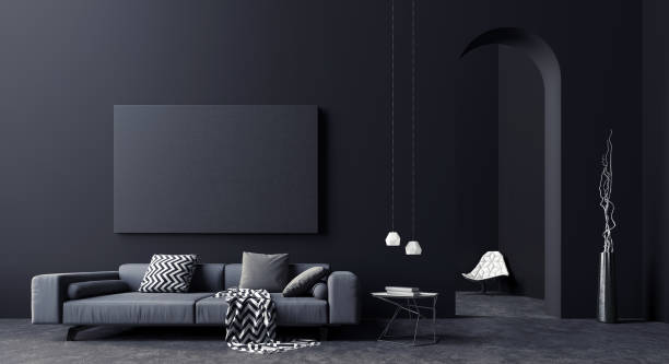 moderno concepto de diseño interior de la sala de estar en negro y gris, 3d render - loft apartment fotografías e imágenes de stock