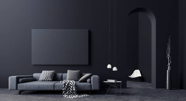design degli interni modern concept del soggiorno nero e grigio, rendering 3d - showcase interior inside of domestic room indoors foto e immagini stock