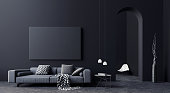 Modern Concept interior design of black and grey living room, 3d Render
