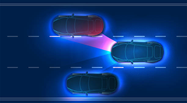Automatic braking system avoid car crash from car accident. Concept for driver assistance systems. Autonomous car. Driverless car. Self driving vehicle. Future concepts smart auto. Vector Automatic braking system avoid car crash from car accident. Concept for driver assistance systems. Autonomous car. Driverless car autonomous vehicles stock illustrations
