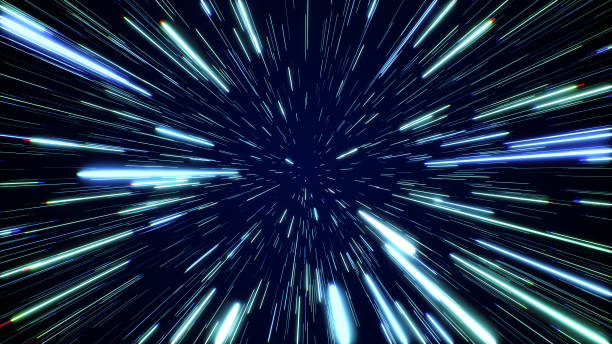 istock Hyperspace jump through the stars to a distant space. Speed of light, neon rays 1147087482
