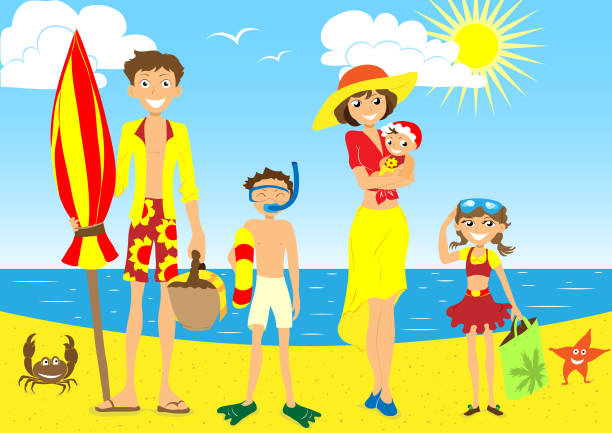 отдых счастливой семьи на иллюстрации пляжного вектора - teenager parent beach contemporary stock illustrations