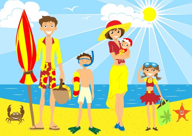 отдых счастливой семьи на иллюстрации пляжного вектора - teenager parent beach contemporary stock illustrations