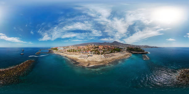 360x180 degree spherical (equirectangular) aerial panorama of costa adeje resort and playa del duque beach, tenerife, canary islands, spain. - playa de las américas imagens e fotografias de stock