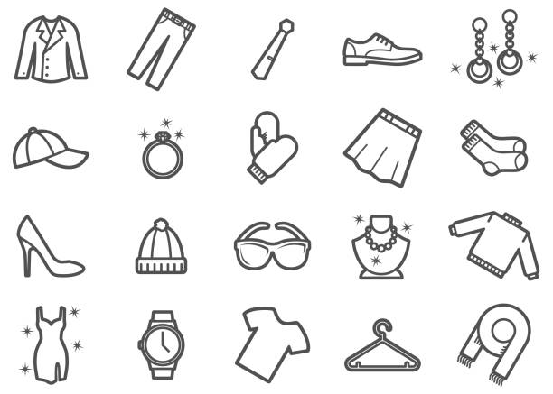 Clothing and Apparel Line Icons Set There is a set of icons about clothing and apparel in the style of Clip art. prom fashion stock illustrations