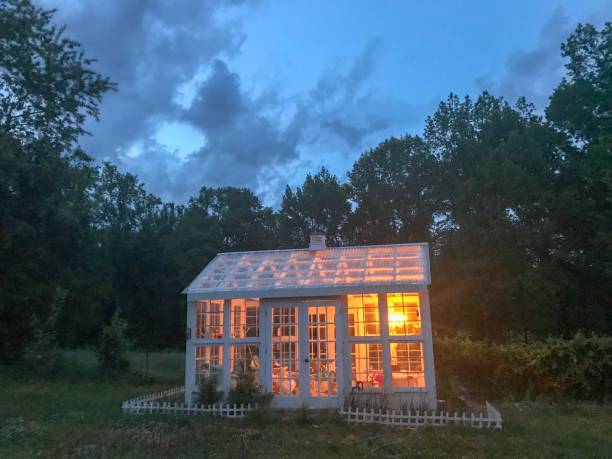 istock Greenhouse at dusk lit from inside by chandelier 1147093850