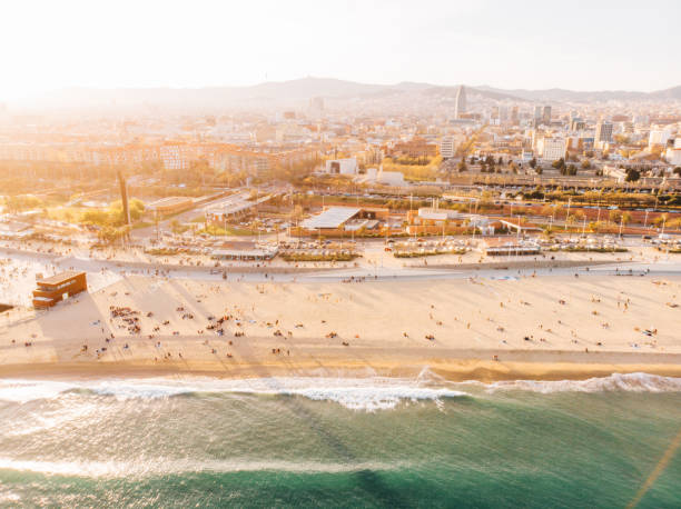 Aerial view of Barceloneta beach stock photo