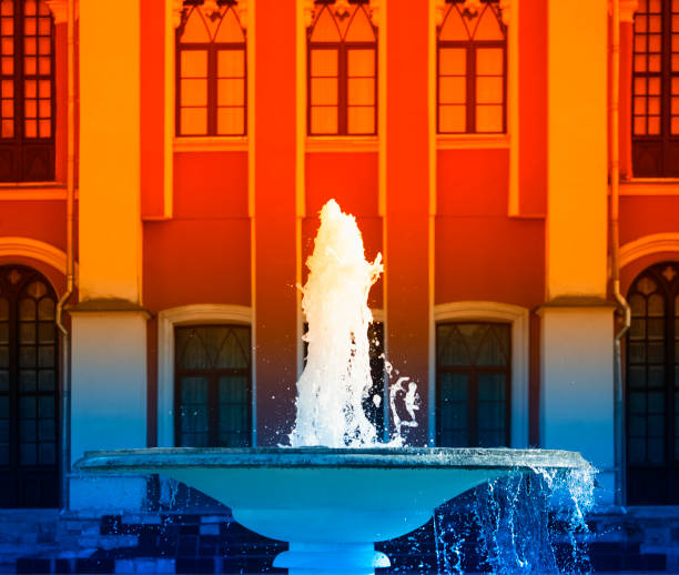 Sunset fountain architecture background hd