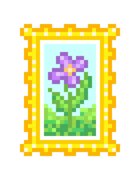 ilustrações, clipart, desenhos animados e ícones de campo floral, óleo na lona, ainda pintura da vida em um frame dourado, ícone da arte do pixel no fundo branco. foto de uma flor, elemento do interior home. ilustração botânica para a decoração da parede. arte-final da natureza - white background wood nature studio shot