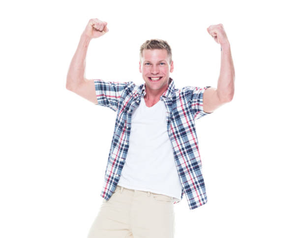 istock Handsome man in shirt and shorts is cheering with hands up 1147097968