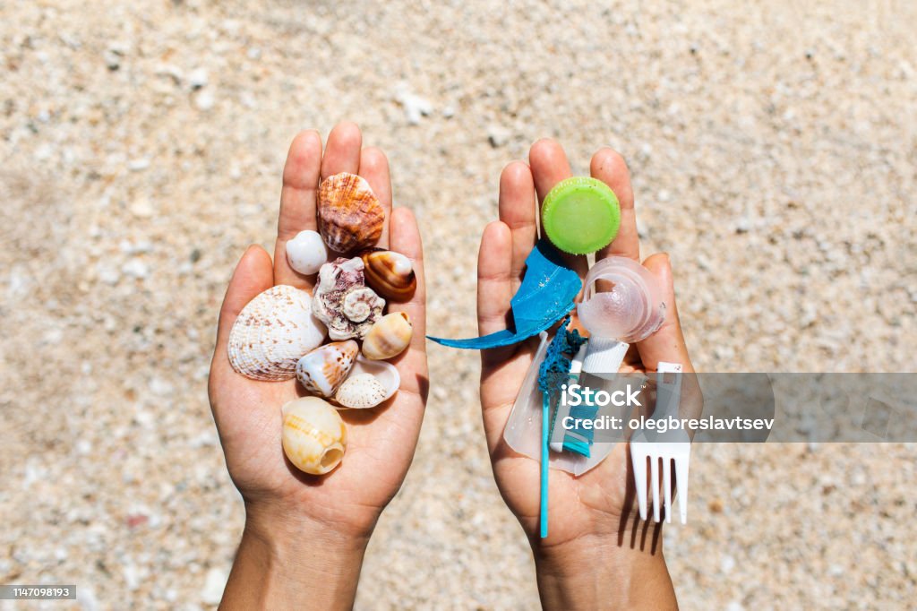 Concept of choice: save nature or continue to use disposable plastic Concept of choice: save nature or continue to use disposable plastic. One hand holding beautiful shells, in the other - plastic waste. Beach sand on background. Environmental pollution problem. Plastic Stock Photo
