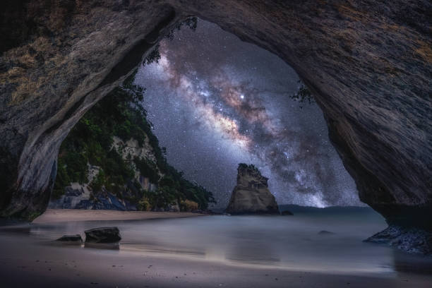 Milky Way at Cathedral cove Milky Way at Cathedral cove in Coromandel, New Zealand coromandel peninsula stock pictures, royalty-free photos & images