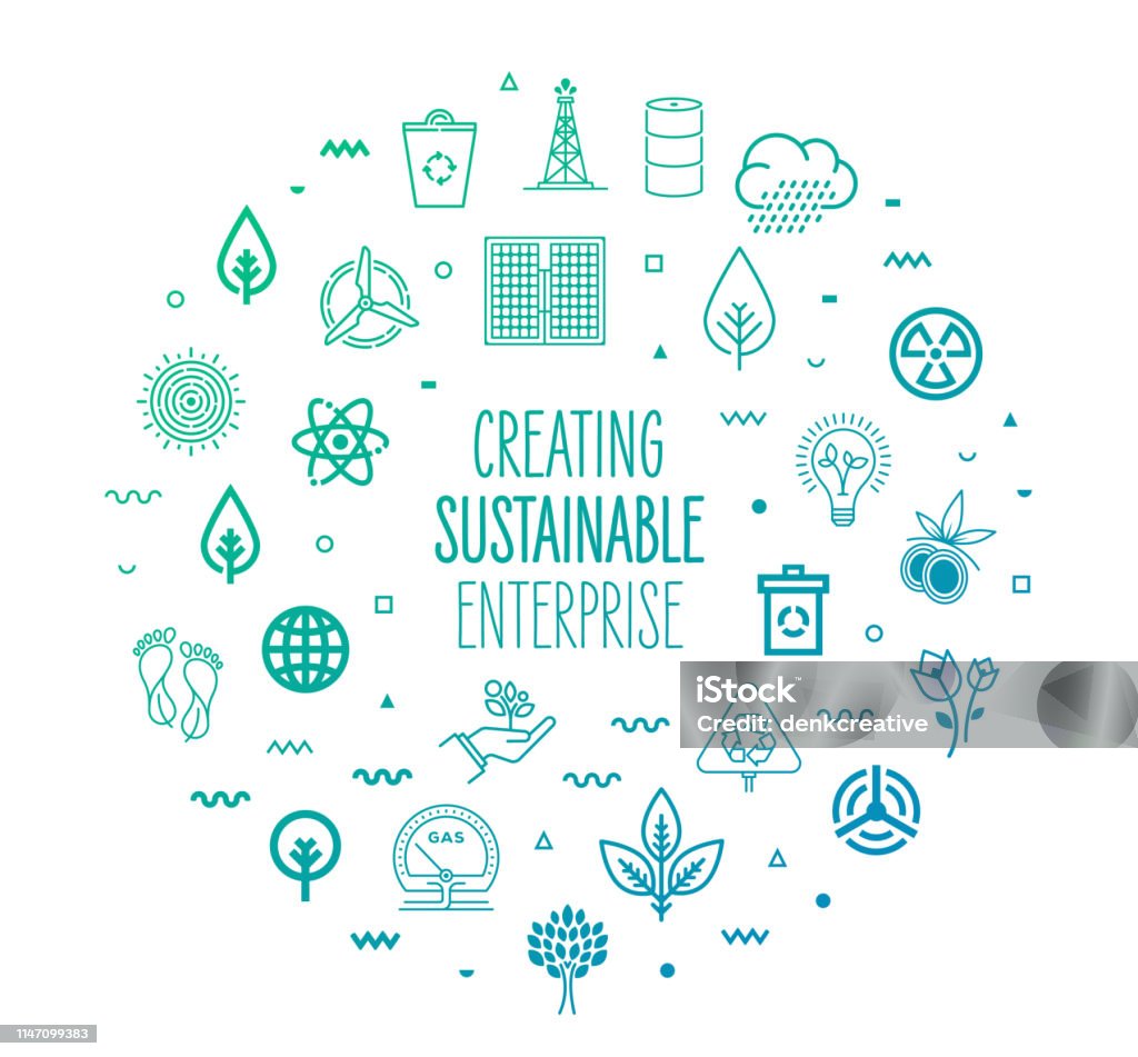 Creating Sustainable Enterprises Outline Style Infographic Design Creating sustainable enterprises outline style symbols on modern gradient background. Line vector icons for infographics, mobile and web designs. Sustainable Lifestyle stock vector