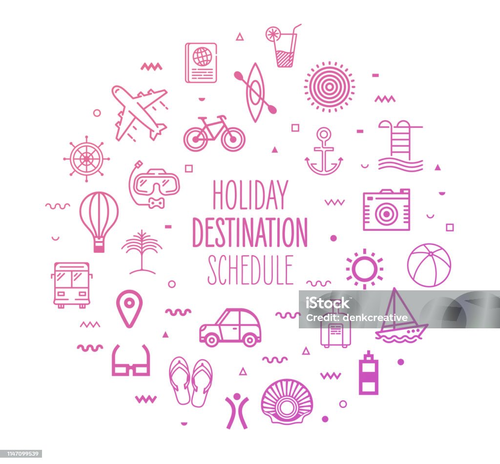Holiday Destinations & Schedules Outline Style Infographic Design Holiday destinations and schedule outline style symbols on modern gradient background. Line vector icons for infographics, mobile and web designs. Summer stock vector