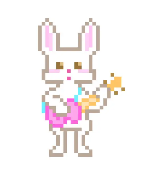 Vector illustration of White rabbit singing and playing pink electric guitar, pixel art character isolated on white background. Music school mascot. Music shop logo. 8 bit cute cartoon forest animal icon. Summer festival.