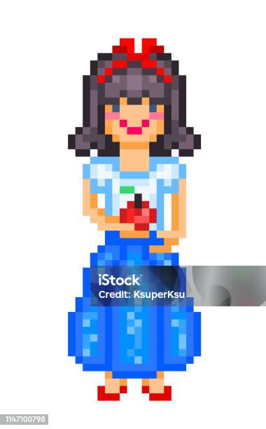 Snow White With Red Apple 19thcentury German Fairy Tale Character Pixel Art Isolated On White Background Happy Girl In A Blue Dress Holding A Fruit Retro 80s 90s Slot Machinevideo Game Graphics Stock Illustration - Download Image Now