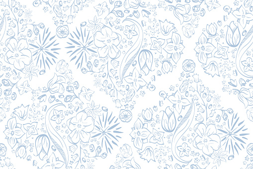 Vector Vertical Flowerly Tiles in white and blue seamless pattern background. Perfect for fabric, scrapbooking and wallpaper projects.