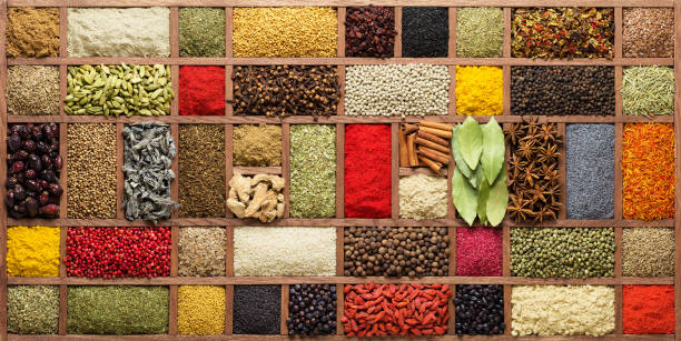 collection spices and herbs in box. Indian condiments for street showcase