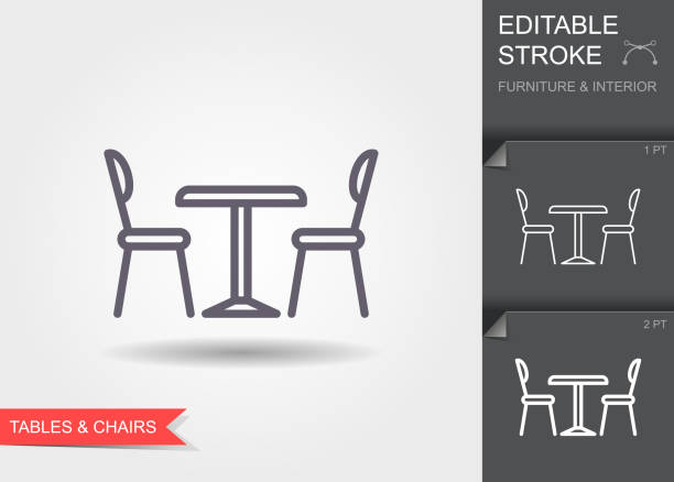 テーブルと椅子。編集可能なストロークを持つアウトラインアイコン。影付き家具やインテリアのリニアシンボル - テーブル点のイラスト素材／クリップアート素材／マンガ素材／アイコン素材