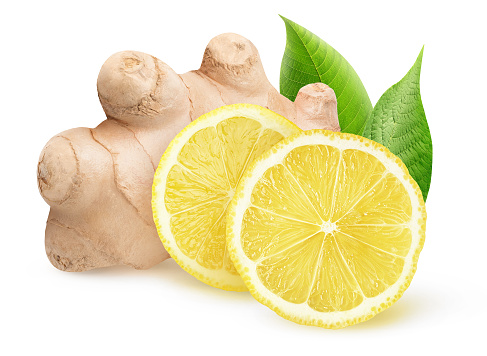 Isolated ginger and lemon pieces. Natural medicine, antiflu ingredients isolated on white background with clipping path