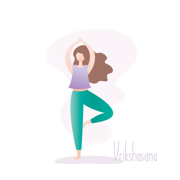 ilustrações de stock, clip art, desenhos animados e ícones de girl standing in yoga pose,tree pose is a balancing asana in hatha yoga - balance health well being background white