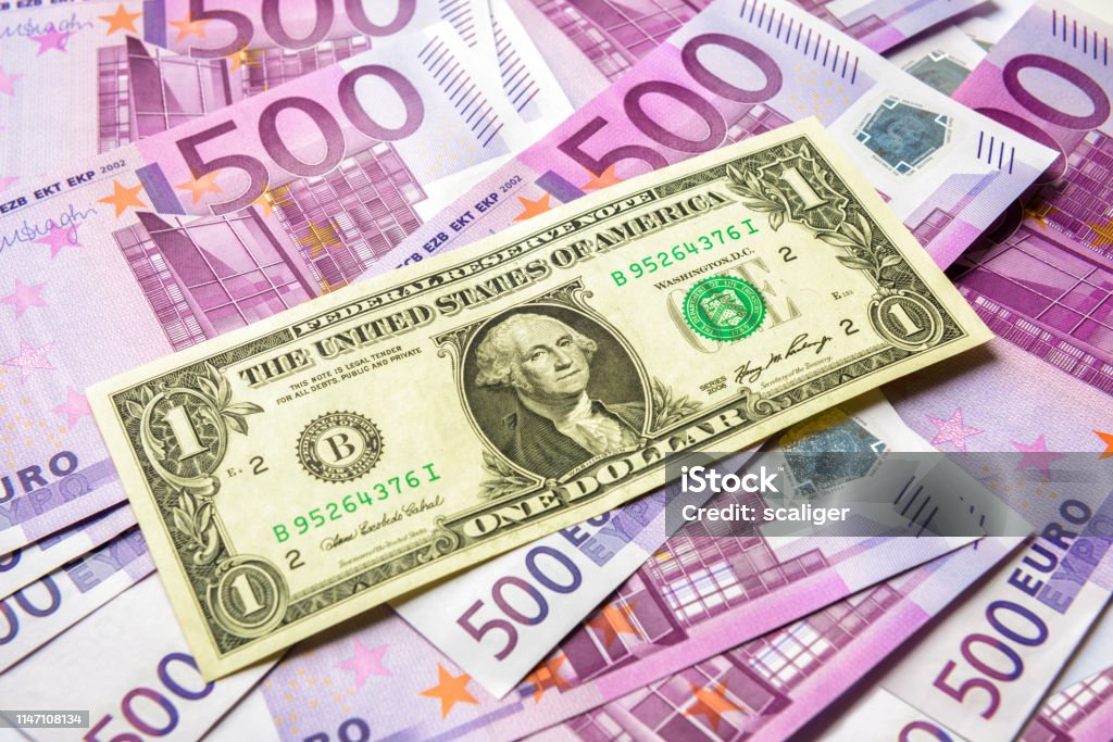 1 Dollar Bill Versus A Lot Of 500 Euro Money Banknotes Stock Photo -  Download Image Now - iStock