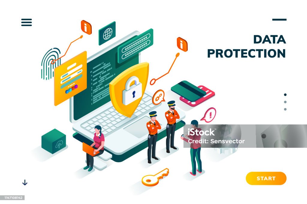 Isometric banner for internet data protection Isometric banner with notebook and policeman, shield in front of man entering password on smartphone. Cyber security, protection and privacy, internet safety and credit card steal, carder theme Security stock vector