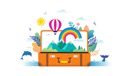 Travel, tourism, adventure scene with open suitcase, leaves, rainbow and miniature people, modern flat style. Vector illustration template
