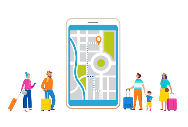 旅行、観光、スマートフォンやミニチュアの人々との冒険シーン、現代のフラットスタイルで観光客。ベクターイラスト - people traveling global positioning system travel mobile phone点のイラスト素材／クリップアート素材／マンガ素材／アイコン素材