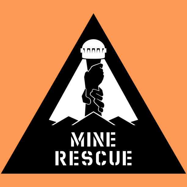 Mine rescue triangular Vector. In the beam of a miner's lamp, the rescuer's hand pulls the miner's hand out of the ore. Symbol of aid, courage, bravery. earth quake help stock illustrations