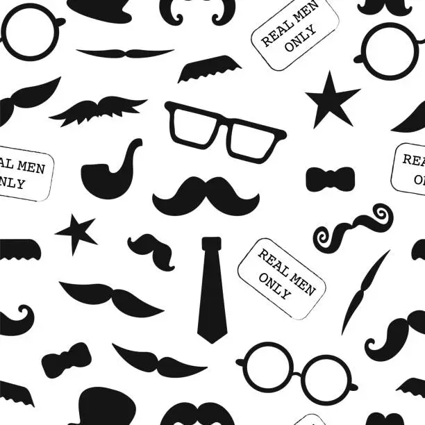 Vector illustration of Vector seamless pattern of photo booth props. Repeating background of moustache, glasses, pipe, hat, bow, tie for holiday or party. Moustache season backdrop. Real men background for father’s day