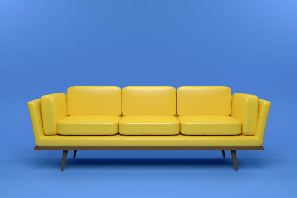 istock yellow Leather sofa design in blue background, 3D rendering illustration. 1147114615