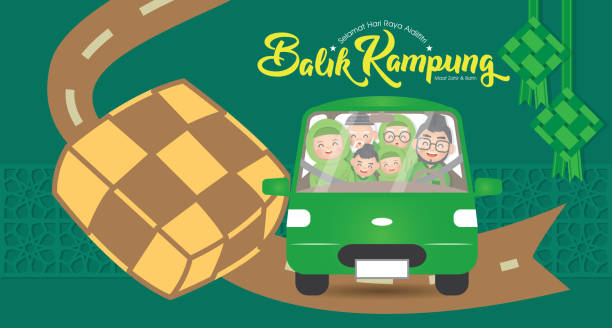 illustrazioni stock, clip art, cartoni animati e icone di tendenza di hari raya aidilfitri & balik kampung è un'importante festa religiosa celebrata dai musulmani di tutto il mondo che segna la fine del ramadan, noto anche come eid al-fitr. (traduzione: return home reunion ) - smiling human settlement traditional culture man made object