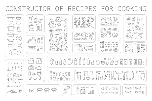 Cooking instruction icons of different food utensils and appliances for kitchen. Step guide constructor set line art vector black white isolated illustration. Cooking instruction icons of different food utensils and appliances for kitchen. Step guide constructor set line art vector black white isolated illustration packaging illustrations stock illustrations
