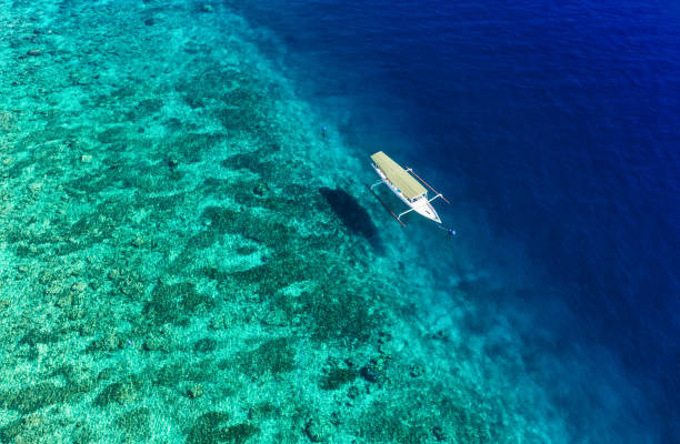 istock Boat on the water surface from top view. Turquoise water background from top view. Summer seascape from air. Gili Meno island, Indonesia. Travel - image 1147120260