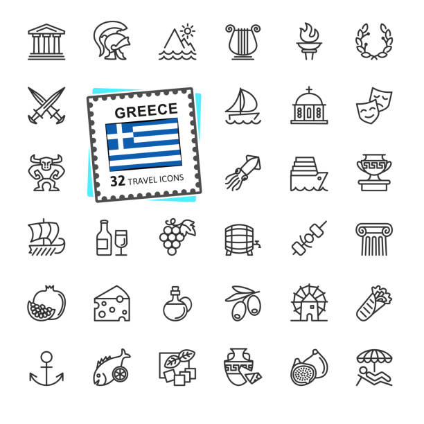 griechenland, griechisch-minimaler thin-thin-line-icon-set. - flag national flag greek flag greece stock-grafiken, -clipart, -cartoons und -symbole