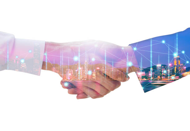 istock Business man handshake and network connection graphic 1147121059